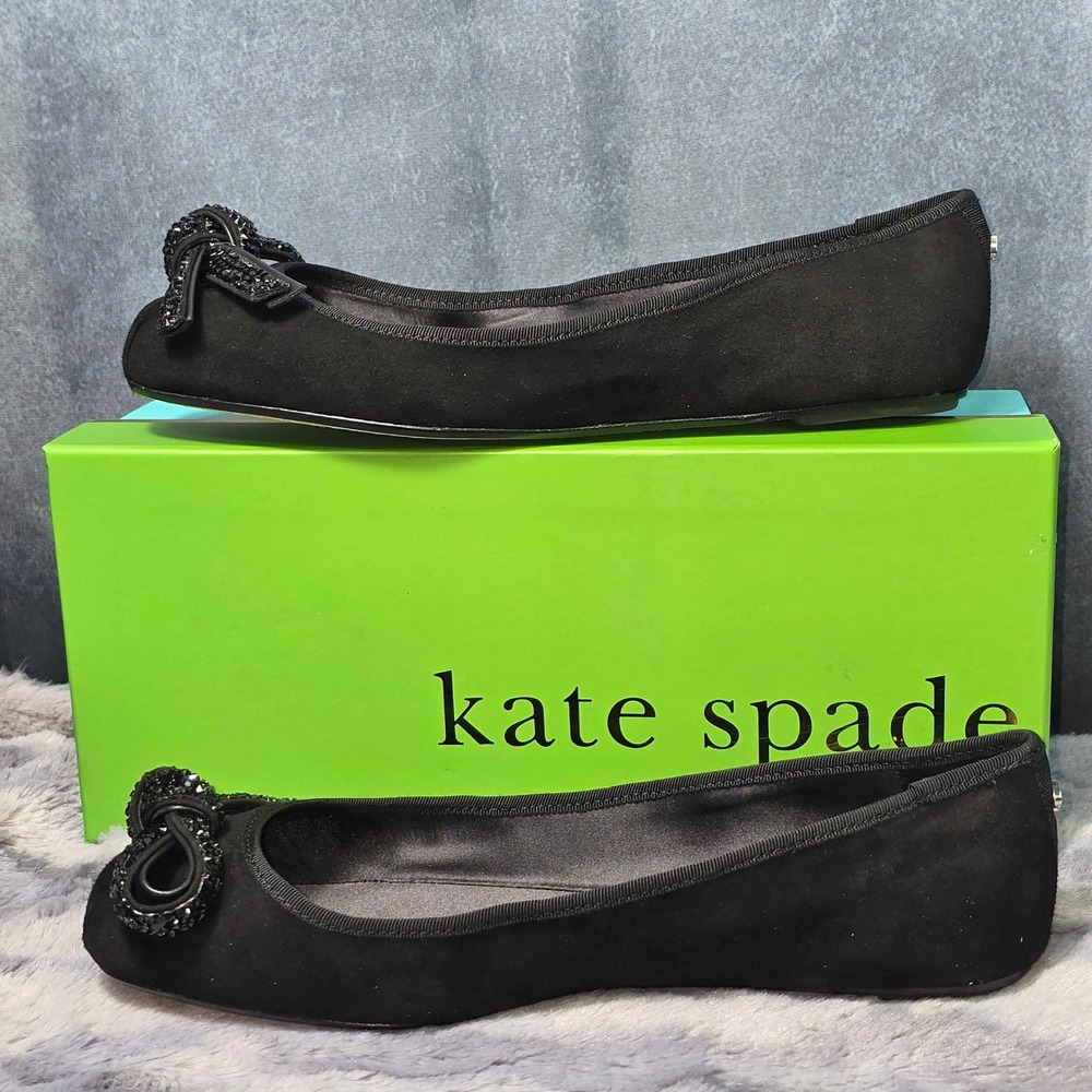NWB Kate Spade Freya Ballet Flats Black Suede Crystal Bow Women 9.5